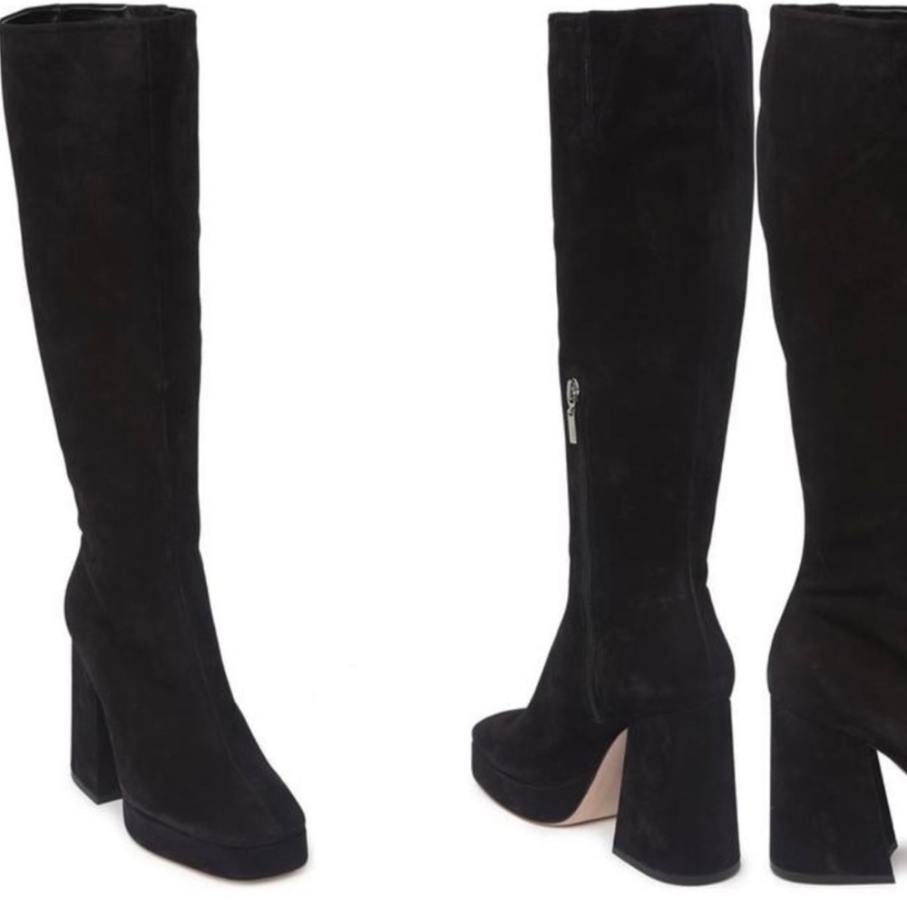Schutz Colira Black Suede Knee High Platform Chunky Heel Boots